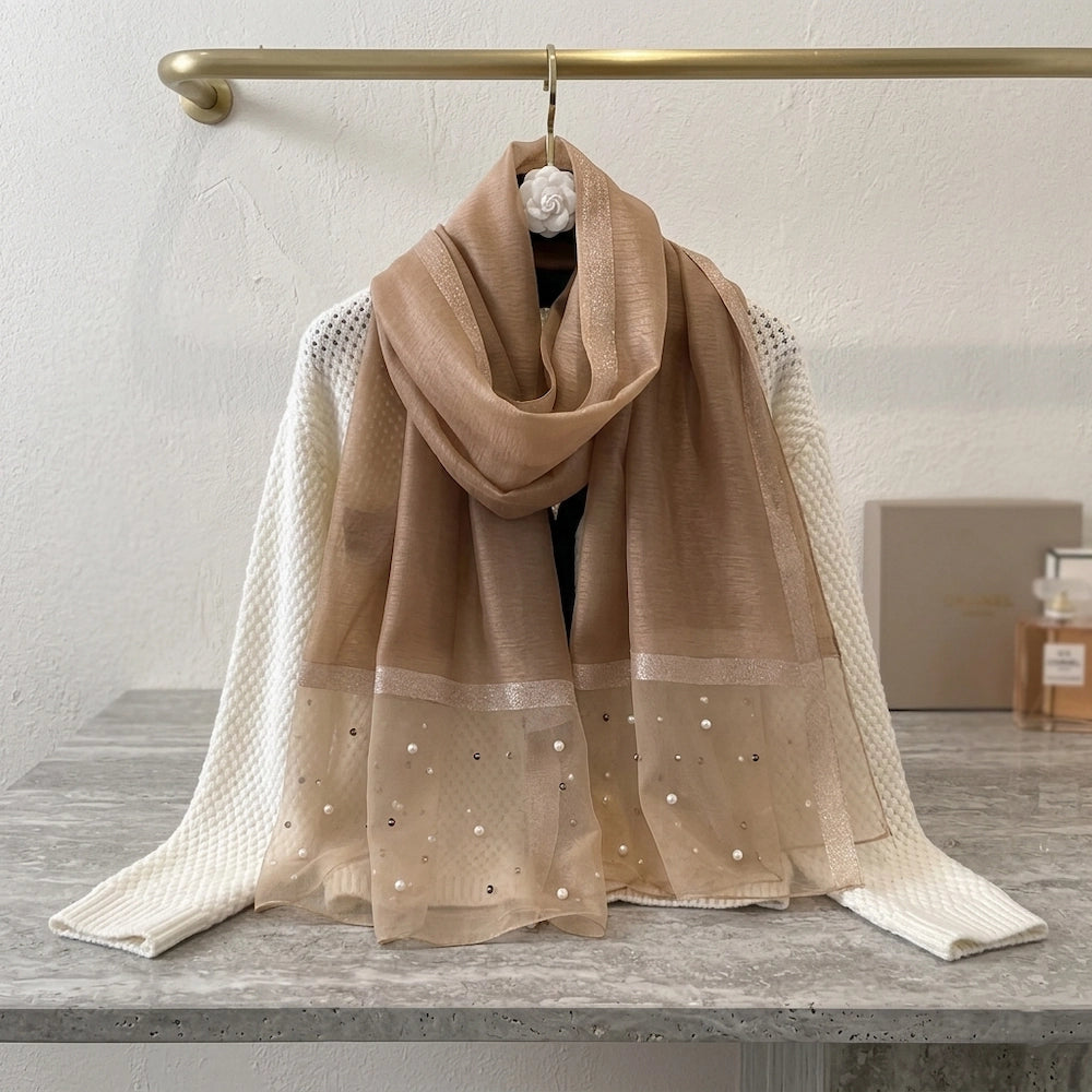 Camel Beige Pearl Organza Hijab – Elegant Neutral Hijab
