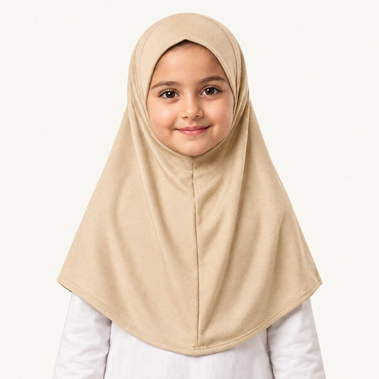 Skin Beige Kids Makhna Hijab by Graceful Layers made from stretchable cotton jersey with easy pinless pull-on styling