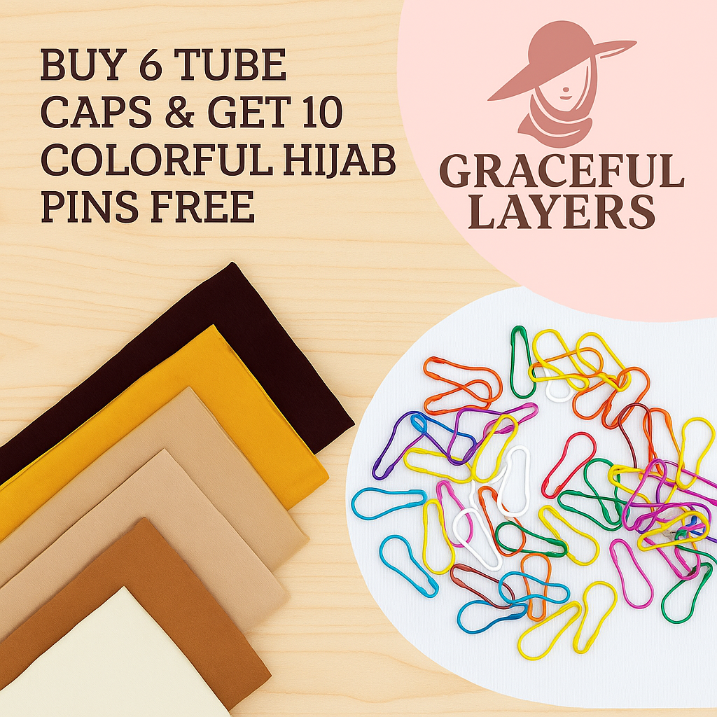 ✨ Bundle of 6 Neutral Tube Caps + Free Colorful Hijab Pins ✨