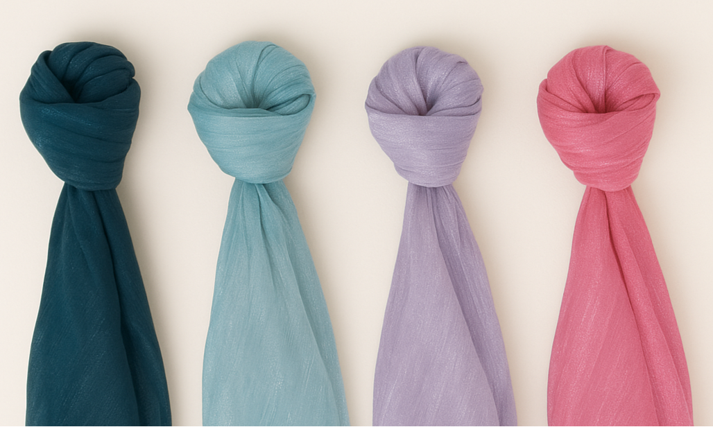 Four Beautiful Crinkle Silk Hijabs in Deep Teal, Soft Aqua, Lavender Mist, and Rose Pink.