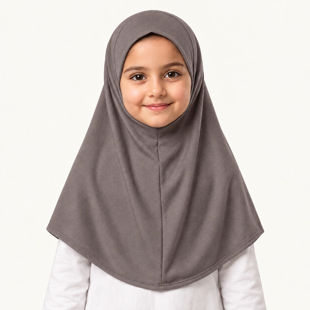 taupe grey Kids Makhna Hijab by Graceful Layers made from stretchable cotton jersey with easy pinless pull-on styling