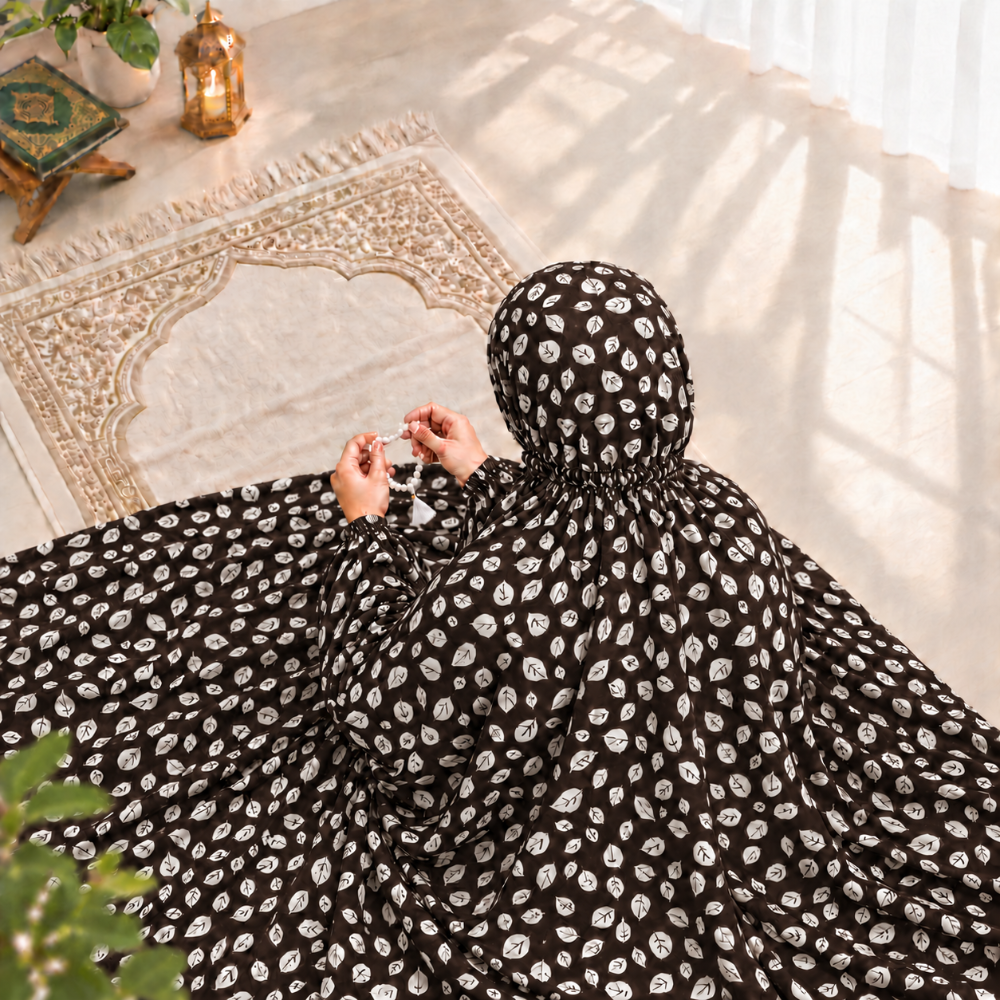 Coffee brown printed women’s Namaz Chaddar with white motifs, full coverage and an attached veil