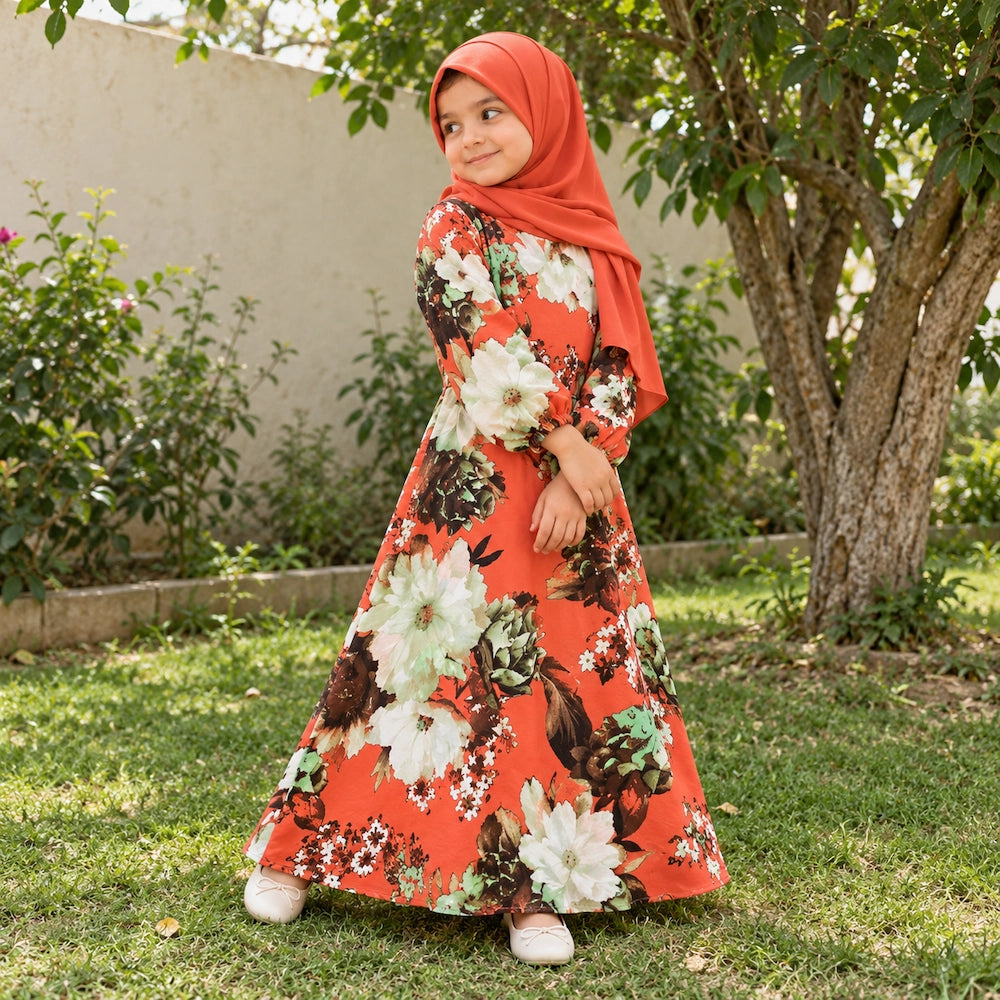 Coral crepe chiffon kids abaya with large floral print and elasticated cuffs