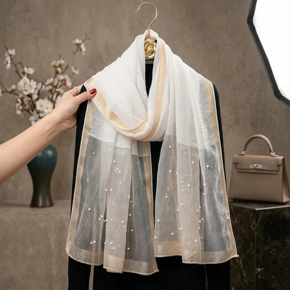 Cream pearl embellished organza hijab for nikah and bridal events