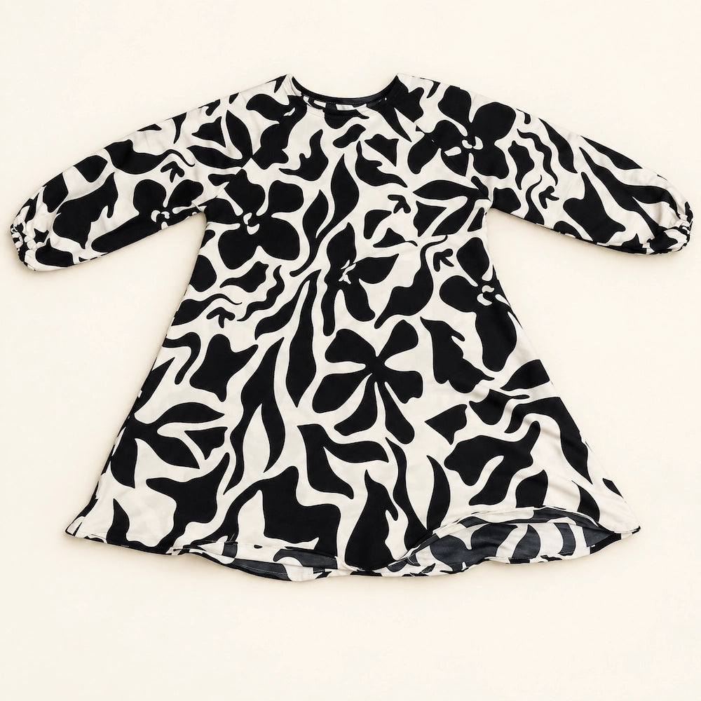 Black & Cream Abstract Floral Kids Abaya