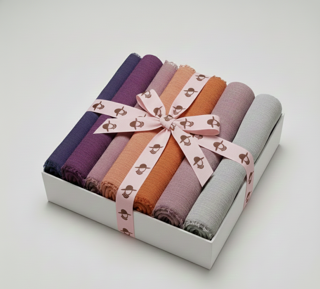 “Set of folded crimp fabric swatches in various colors tied with a pink ribbon, presented in a white Graceful Layers box.”
