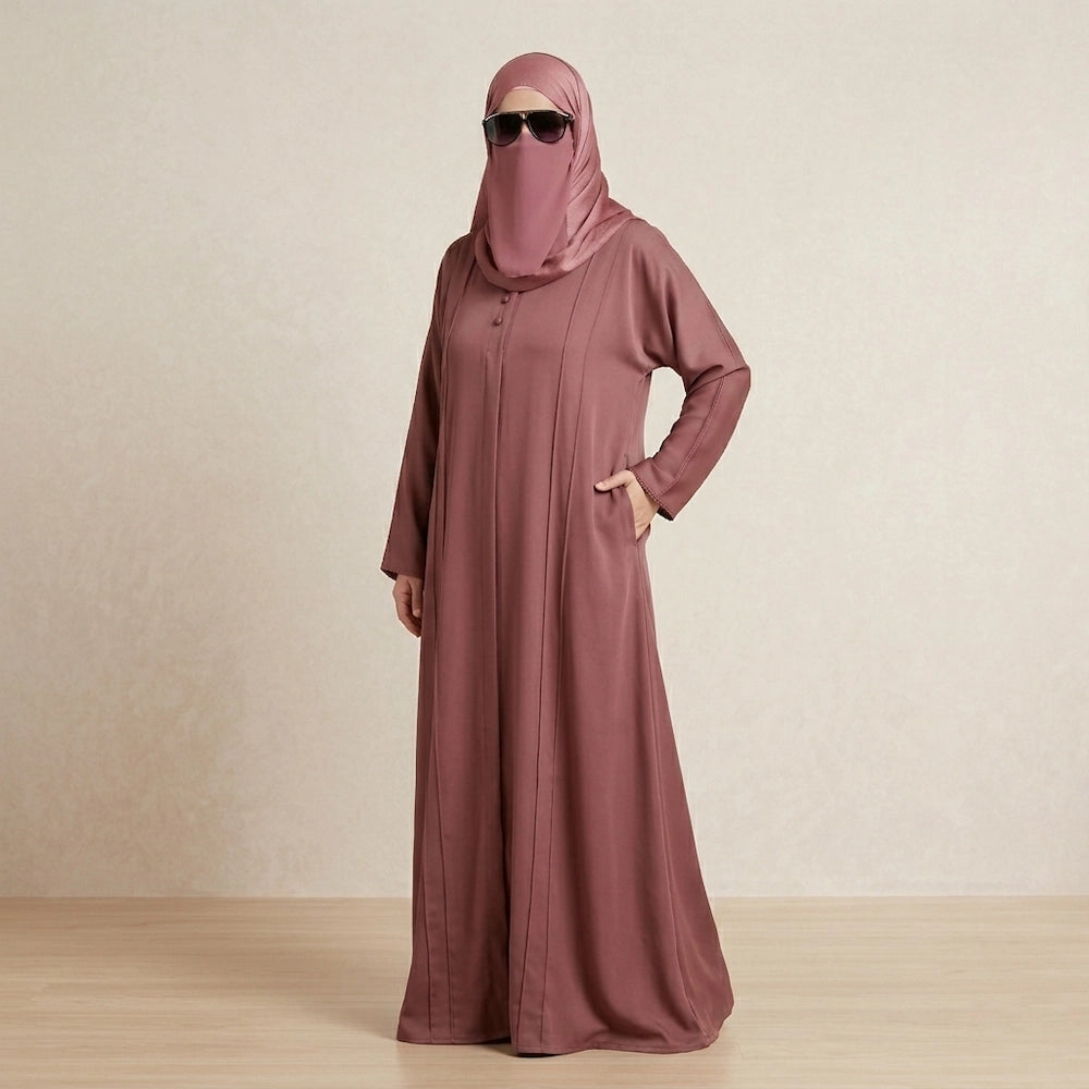 Dusty pink front open abaya with right zip pocket in soft summer fabric