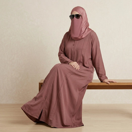 Dusty pink front open abaya with right zip pocket in soft summer fabric