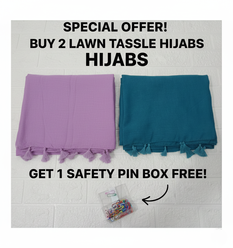 Deal 1 (Rs.1500 off) - Buy 2 Lawn Tassels Hijab And Get 1 Pear Shaped Hijab Pin Box (50 Pcs) Free
