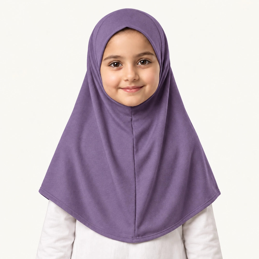 Purple Kids Makhna Hijab by Graceful Layers made from stretchable cotton jersey with easy pinless pull-on styling
