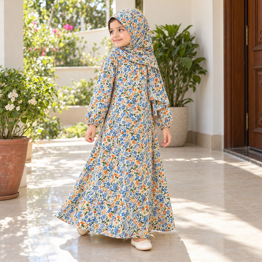 Light-colored crepe chiffon kids abaya with small blue and yellow floral motifs