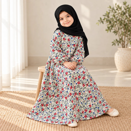 Ivory girls’ abaya with small multicolor floral print