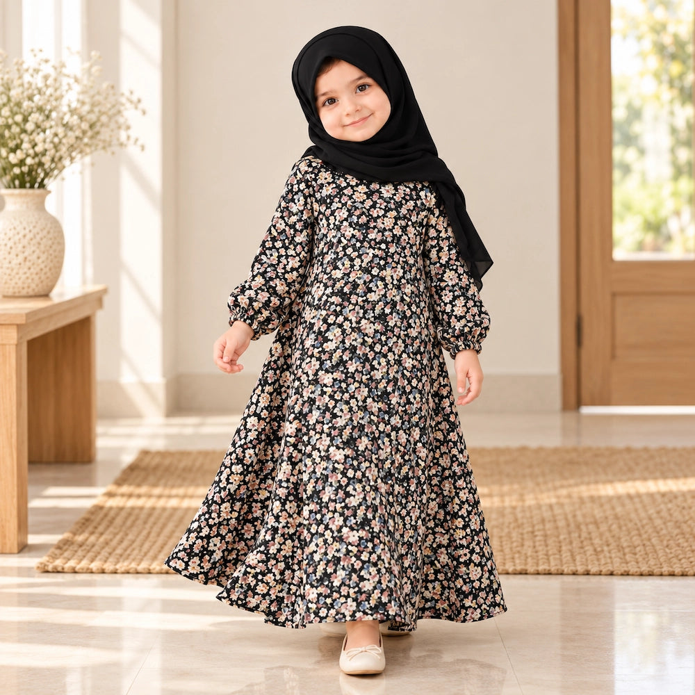 Black girls’ abaya with a delicate all-over tiny floral print