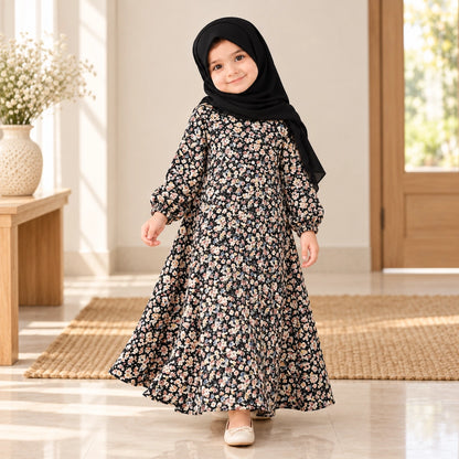 Black girls’ abaya with a delicate all-over tiny floral print