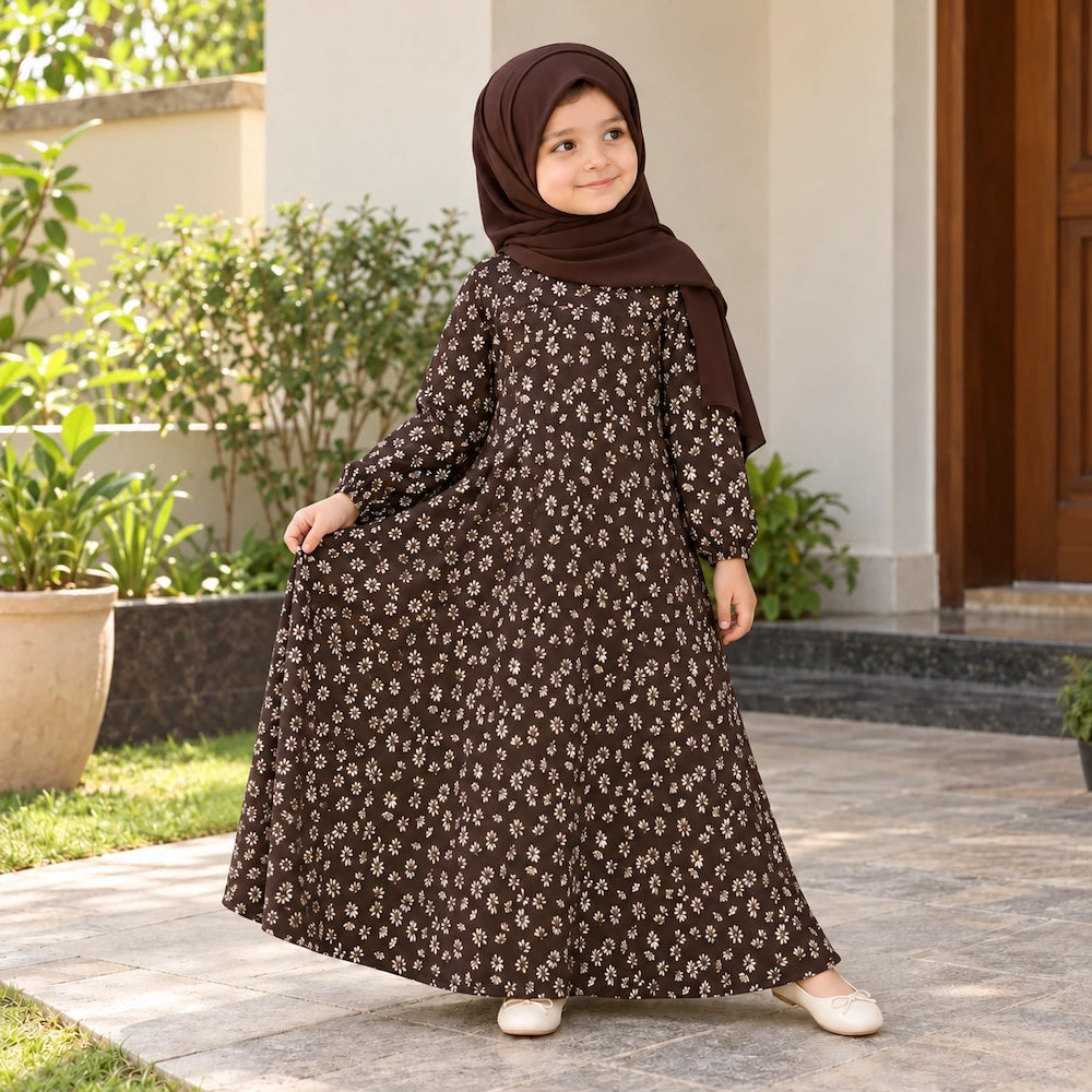 Brown crepe chiffon kids abaya with small cream floral motifs and a flared silhouette
