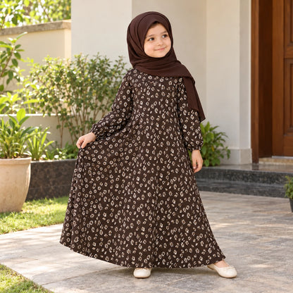 Brown crepe chiffon kids abaya with small cream floral motifs and a flared silhouette
