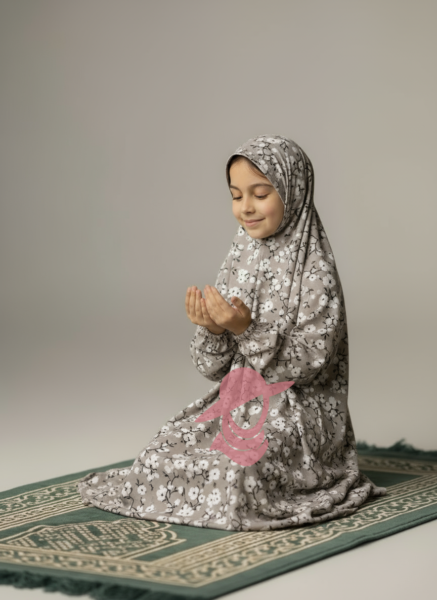 Modest Muslim Prayer Wear for Girls - Gray Leaves Age:7-12 Years
