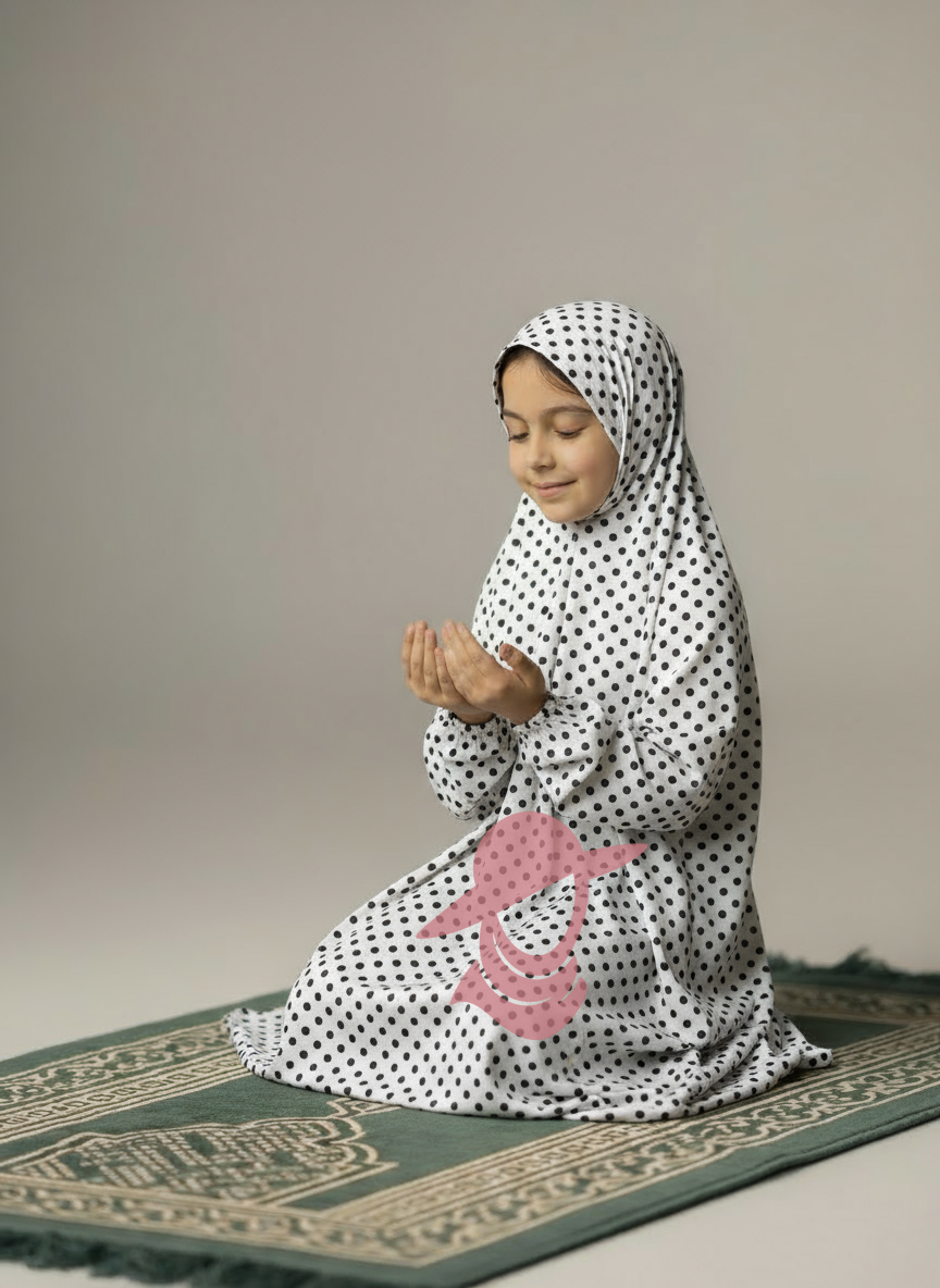 One-Piece Prayer Dress with Sleeves - White Polka Dots (Age 7-12 Years)