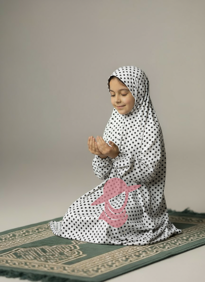 One-Piece Prayer Dress with Sleeves - White Polka Dots (Age 7-12 Years)
