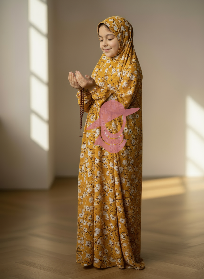 Modest Muslim Prayer Wear for Girls - Mustard Leaves Age:7-12 Years