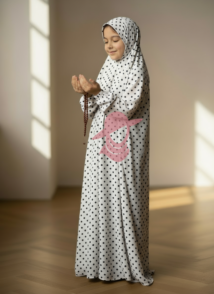 One-Piece Prayer Dress with Sleeves - Polka Dots All Colors (Age 7-12 Years)