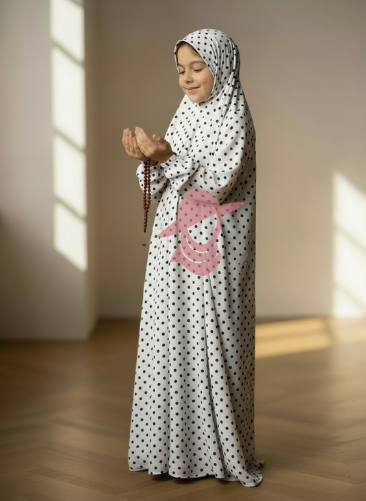 One-Piece Prayer Dress with Sleeves - White Polka Dots (Age 7-12 Years)