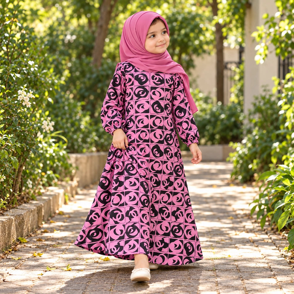 Pink and black circular print kids abaya in crepe chiffon with long elastic-cuff sleeves