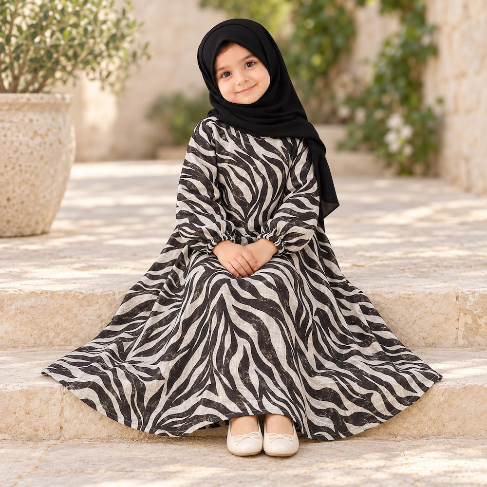 Black and white zebra print kids abaya with long bell-style sleeves