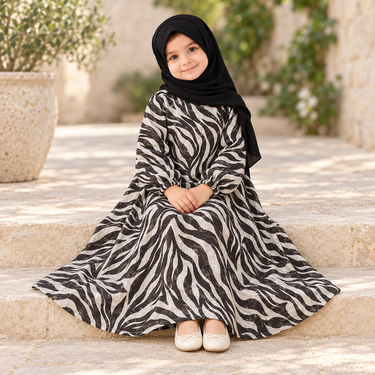 Black and white zebra print kids abaya with long bell-style sleeves