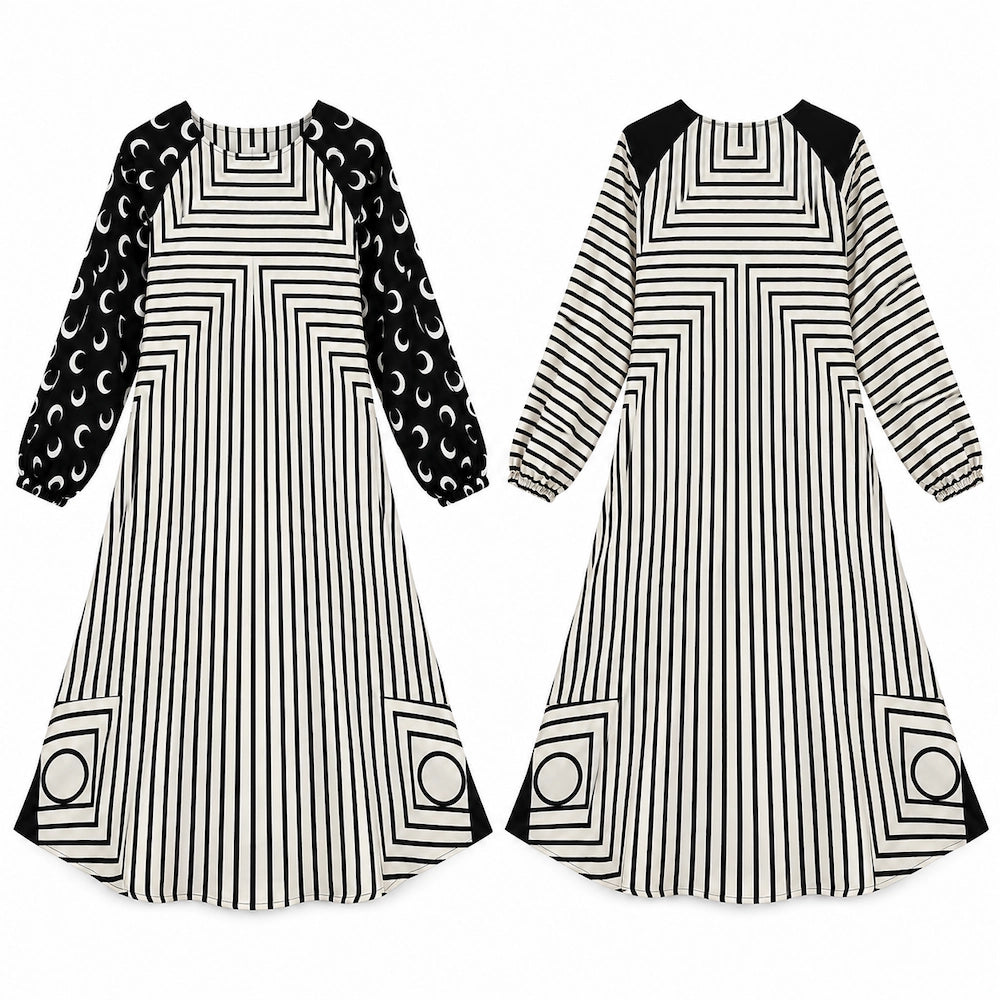 Black and White Stripe Kids Abaya with Crescent Print Sleeves