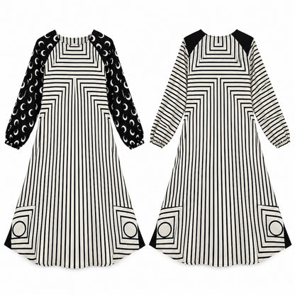 Black and White Stripe Kids Abaya with Crescent Print Sleeves