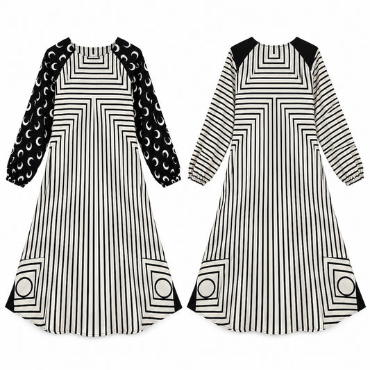 Black and White Stripe Kids Abaya with Crescent Print Sleeves