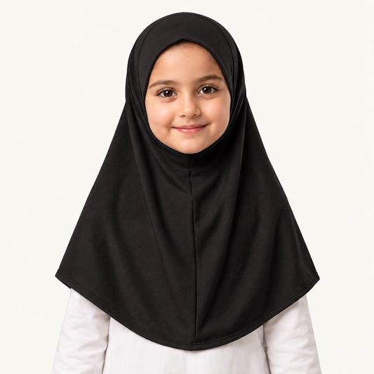 Black Kids Makhna Hijab by Graceful Layers in stretchable cotton jersey with a one-piece pinless pull-on design