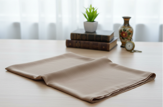 folded golden mat silk hijab flat lay on a wooden table