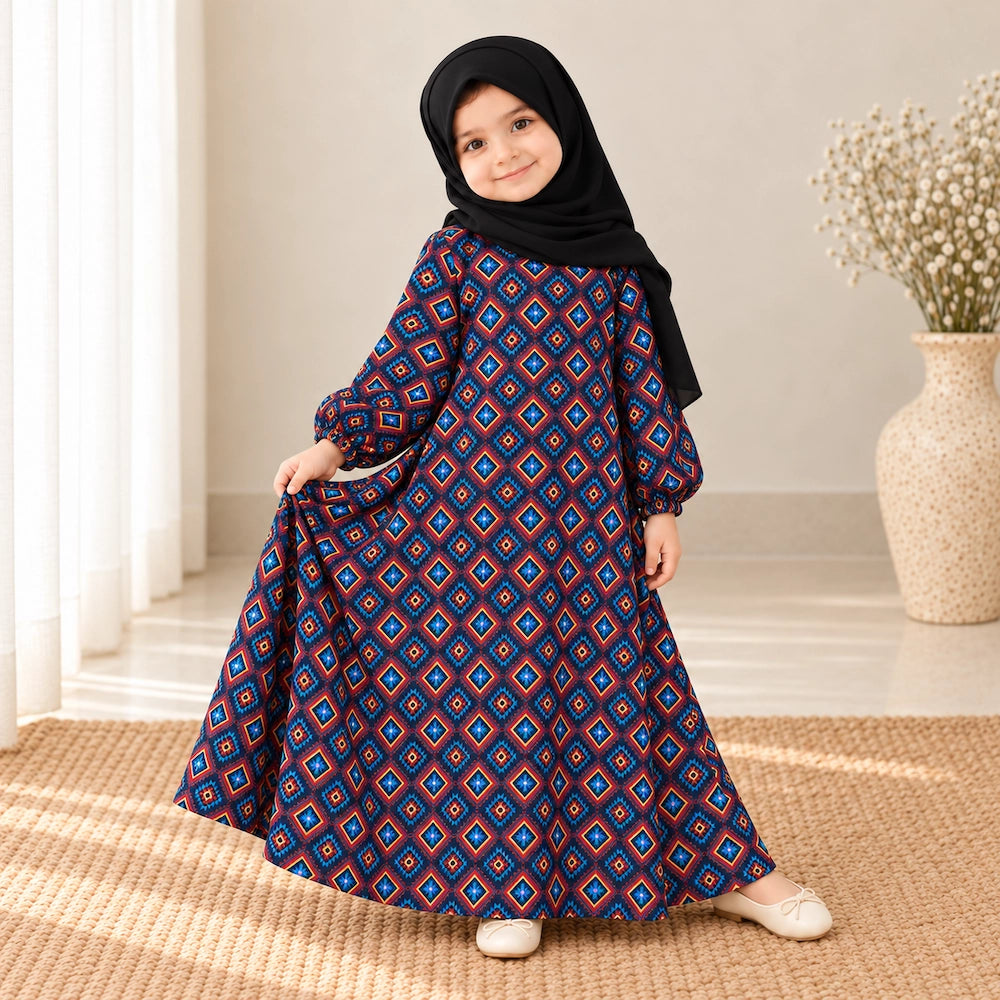 Navy blue girls’ abaya with rust and orange floral print