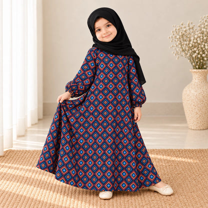 Navy blue girls’ abaya with rust and orange floral print
