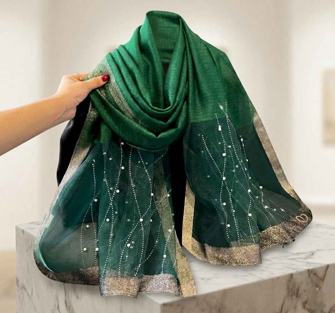 Emerald green pearl embellished organza hijab for formal evening wear
