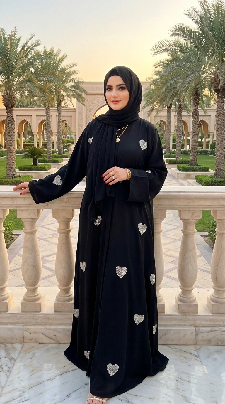 Front view of women wearing Black Heart Abaya with silver heart embroidery by Graceful Layers.