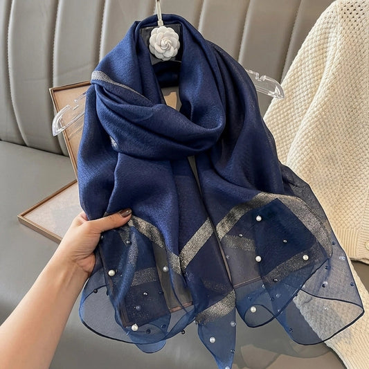 Navy blue luxury organza hijab with pearl embellishments and metallic border from Imperial Pearl Organza collection
