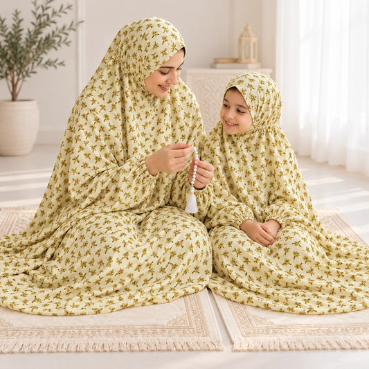 Mother and daughter smiling together in matching light yellow floral namaz chaddars with elasticated sleeves.