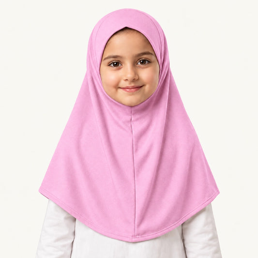 Baby pink Kids Makhna Hijab in stretchable cotton jersey with a one-piece pinless pull-on design