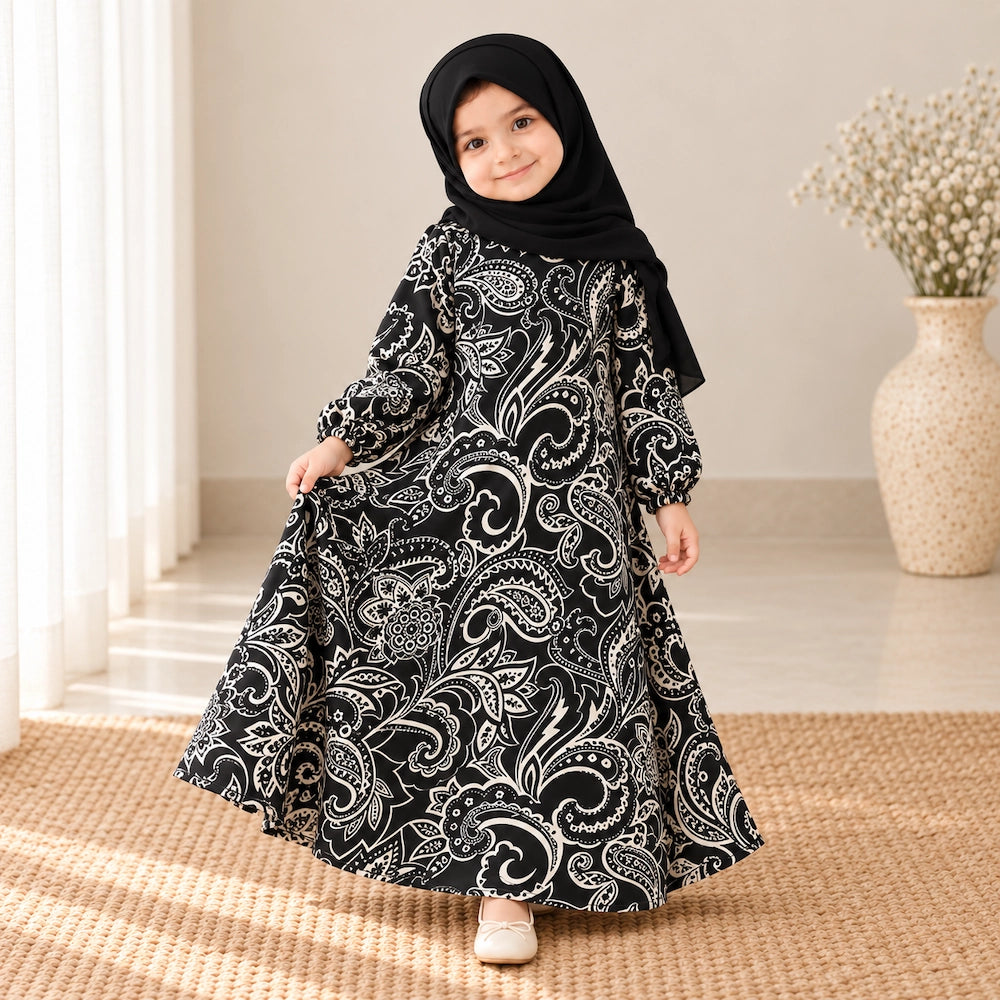 Black and white paisley print kids abaya with a flared silhouette