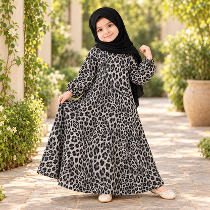 Grey kids abaya with an all-over black leopard-style print