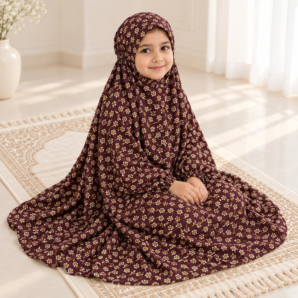 Girl seated on an ivory prayer mat wearing a maroon floral namaz chaddar with elasticated wrist cuffs.