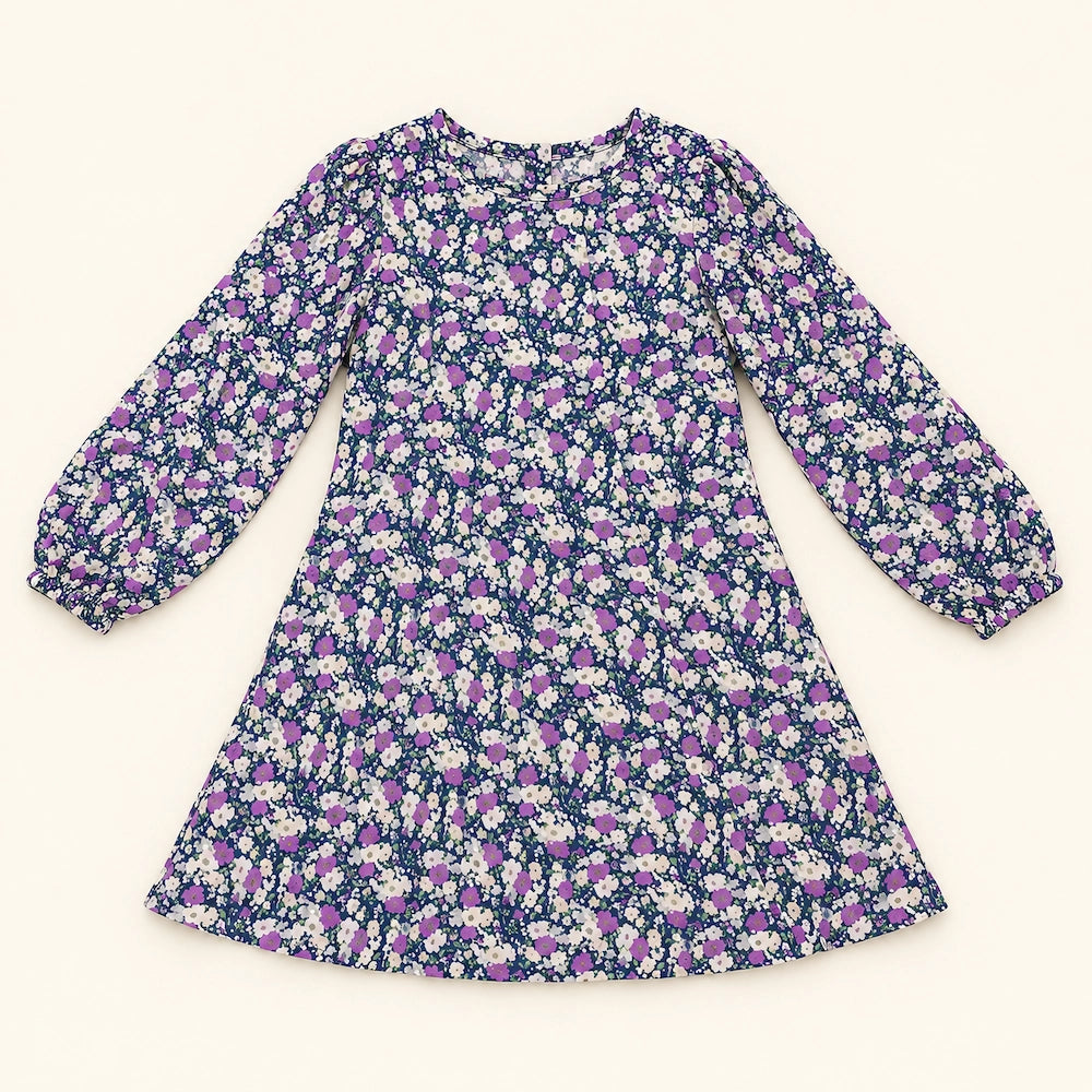 Purple Floral Kids Abaya with Elasticated Sleeves