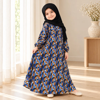 Blue kids abaya with rust and cream abstract mosaic print