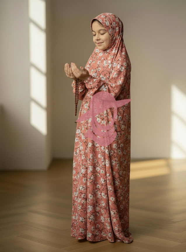 Modest Muslim Prayer Wear for Girls - Peach Leaves Age: 7-12 years