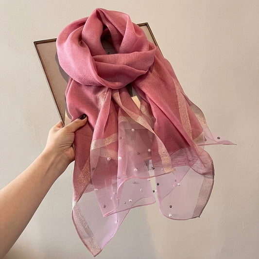 Soft pink organza hijab with pearl embellishments and metallic border from Imperial Pearl Organza collection
