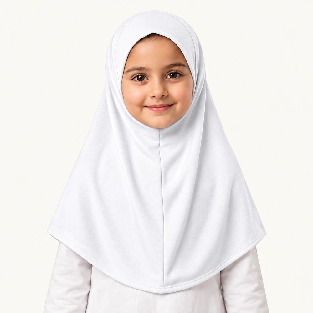 White Kids Makhna Hijab by Graceful Layers made from stretchable cotton jersey with easy pinless pull-on styling