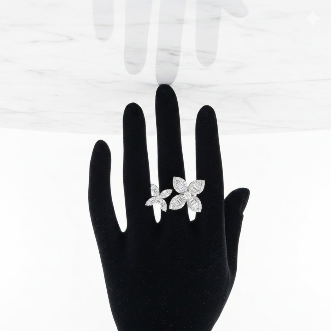 Silver floral baguette and round cut cubic zirconia statement cocktail ring
